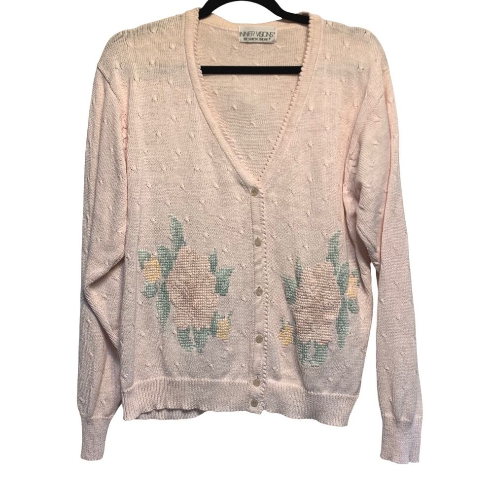 VTG Soft Girl Cardigan Medium Pink Floral Knit Sweater Cottagecore Grandmacore